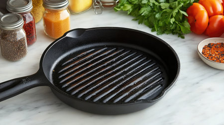 A beautiful cast iron grill pan sits on a marble kitchen counter, surrounded by colorful spices and fresh ingredients, ideal for creating delicious home-cooked meals.の素材