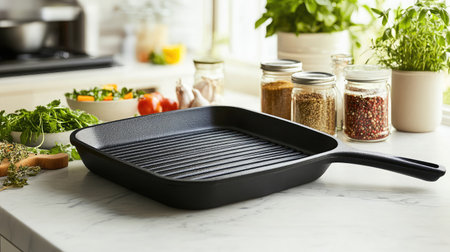 A beautifully lit kitchen scene featuring a black cast iron grill pan on a marble countertop adorned with fresh herbs, vegetables, and jars of spices, perfect for culinary enthusiasts.の素材