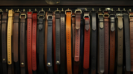 This image features a striking collection of leather belts organized on a display rack, highlighting the variety of textures and colors available for fashion enthusiasts.の素材