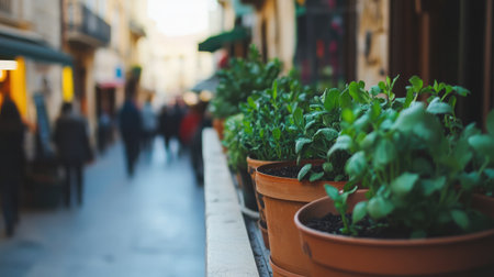 A captivating scene depicting lush green plants in terracotta pots against a blurred street backdrop, showcasing urban charm and inviting tranquility in a bustling environment.の素材