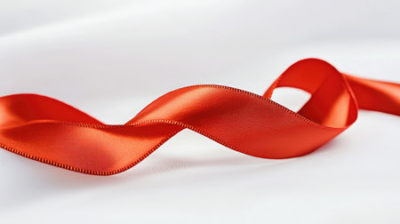 A vibrant red satin ribbon elegantly twists on a white background, showcasing its smooth texture and glossy finish. Ideal for various decorative purposes and craft projects.の素材