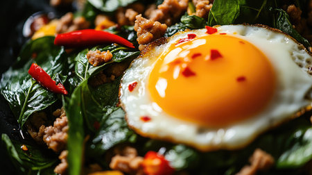 A mouthwatering blend of Thai basil, a perfectly fried egg, and ground meat, garnished with red chilies and served in a dark plate, showcasing vibrant colors and rich flavors.の素材