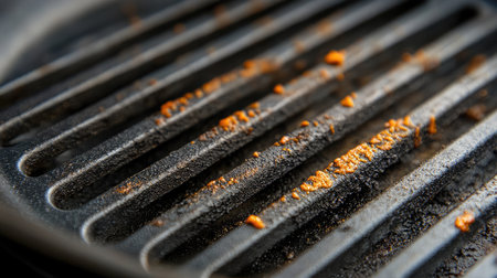 Macro shot of a used grill pan, revealing texture and remnants of food. Ideal for showcasing kitchen accessories, cooking patterns, and cleaning insights.の素材