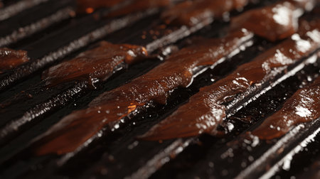Rich chocolate sauce drips on a grilling surface, showcasing a smooth and glossy texture that captures the essence of indulgent culinary creations and gourmet desserts.の素材