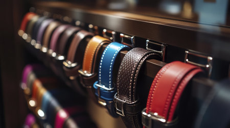 A captivating display of leather belts arranged neatly on a rack, showcasing a variety of colors and textures perfect for enhancing any outfit. Ideal for fashion enthusiasts.の素材