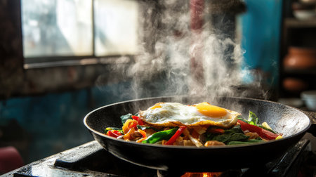 A vibrant scene of a frying pan with a perfectly cooked egg and fresh vegetables, creating an inviting atmosphere in a cozy kitchen, perfect for food lovers.の素材