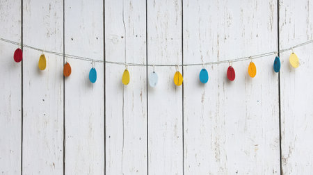 Colorful decorative pennants draped across a white wooden wall create a cheerful and vibrant atmosphere suitable for parties, celebrations, and seasonal decorations.の素材