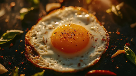 A beautifully styled close-up of a fried egg featuring a runny yolk and surrounded by fresh herbs and spices, reflecting culinary artistry and natural light's warmth.の素材