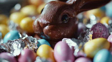 A delightful chocolate Easter bunny nestled among an array of colorful candy eggs, creating a festive and cheerful atmosphere for spring celebrations and joyful gatherings.の素材