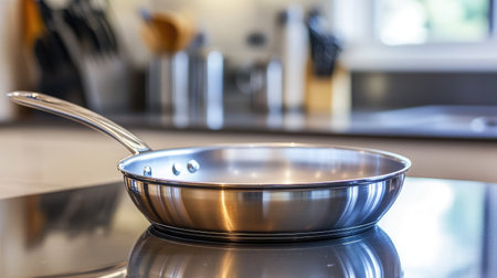 A sleek stainless steel frying pan rests on a kitchen countertop, featuring a modern environment filled with soft natural light and clean design elements perfect for culinary activities.の素材
