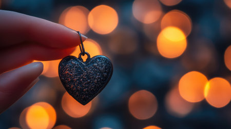 A close-up image of a hand gracefully holding a heart-shaped pendant, beautifully illuminated by warm bokeh lights, symbolizing love and cherished moments.の素材