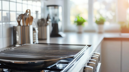Bright and inviting kitchen scene featuring a grill pan on the stove, stainless steel utensils, and greenery, enhanced by natural light for a fresh atmosphere.の素材