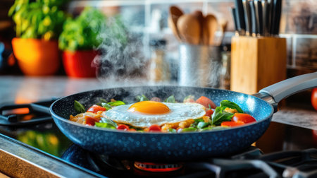 A vibrant and inviting pan of freshly cooked stir-fried vegetables topped with a perfectly fried egg, creating a healthy and delicious meal option in a modern kitchen setting.の素材