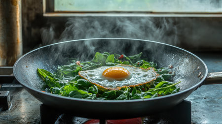 A vibrant image showcasing a sunny-side-up egg nestled on fresh spinach, creating a healthy meal with steam rising, perfect for culinary enthusiasts or healthy cooking content.の素材