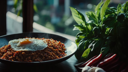 A mouthwatering serving of spicy fried rice topped with a perfectly fried egg, fresh basil, and chili peppers, capturing the essence of vibrant culinary artistry against an urban backdrop.の素材