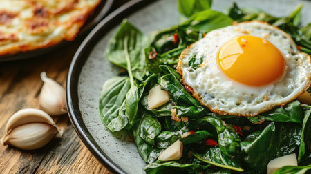 A delicious and nutritious spinach salad topped with a perfectly fried egg, surrounded by garlic and vibrant vegetables, ideal for health-conscious meals.の素材