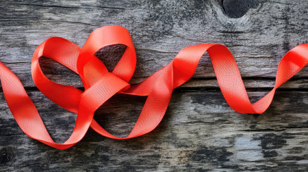 A striking red ribbon gracefully curves on a rustic wooden surface, offering a captivating visual contrast ideal for various creative and decorative uses.の素材