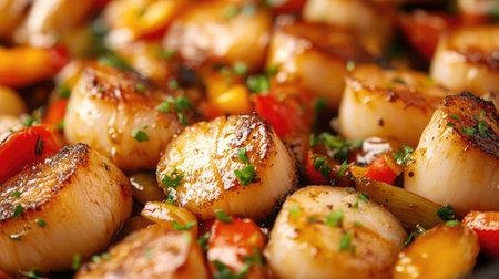 Indulge in a delicious seafood dish featuring perfectly pan-seared scallops paired with vibrant bell peppers and fresh herbs for a delightful culinary experience.の素材
