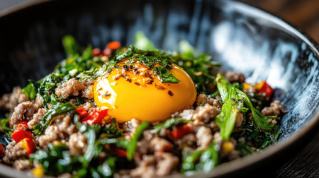A delicious bowl filled with ground meat, fresh herbs, and topped with a soft egg yolk, showcasing vibrant colors and a wholesome meal ideal for any dining occasion.の素材