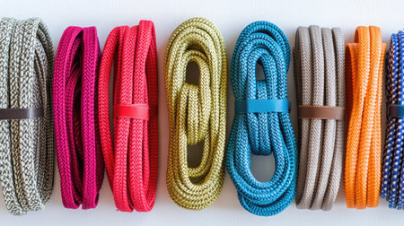 An eye-catching assortment of textured rope strands in vibrant colors, ideal for artistic projects, home decor, and creative crafts, showcasing quality and versatility.の素材