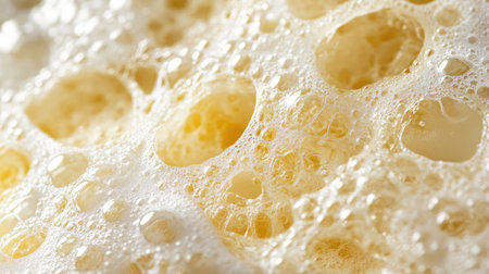 This close-up image showcases creamy soap foam with numerous air bubbles, creating a soft and textured surface perfect for beauty and hygiene product displays.の素材