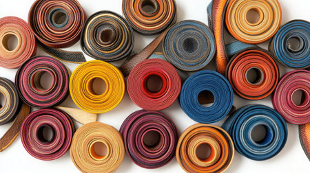 A vibrant display of colorful rolls of ribbon and leather strips organized neatly, perfect for crafters and artists seeking inspiration and unique materials for projects.の素材