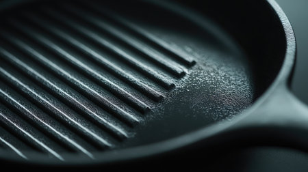 A detailed close-up of a cast iron grill pan showcasing its textured cooking surface. Perfect for grilling, baking, and enhancing culinary experiences in modern kitchens.の素材