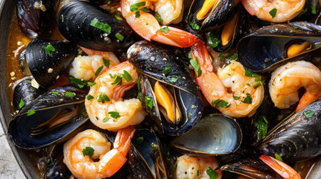 A vibrant seafood dish featuring fresh shrimp and mussels, beautifully garnished with herbs, perfect for showcasing culinary creativity and fresh ingredients.の素材