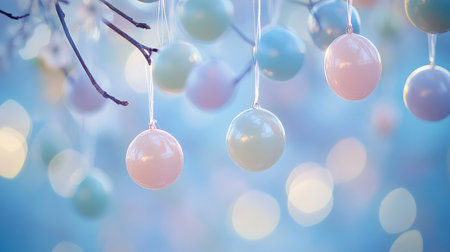 Soft pastel ornaments hang delicately from branches, creating a serene atmosphere with a blurred bokeh background, perfect for spring or festive celebrations.の素材