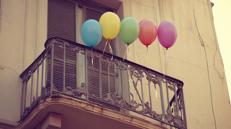 Vibrant balloons float gracefully from a charming vintage balcony, creating a festive ambiance that evokes joy and warmth in an inviting urban setting.の素材
