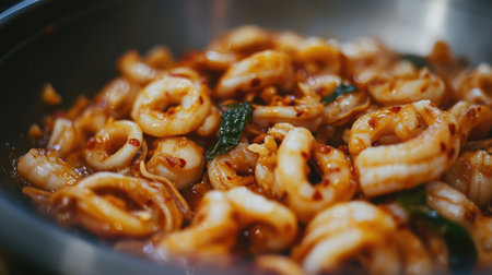 A tantalizing bowl of spicy shrimp stir-fry featuring fresh garlic and chili flakes, delivering bold flavors in a delicious seafood dish that is perfect for any meal.の素材