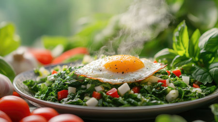 A vibrant plate featuring a perfectly fried egg atop fresh spinach and mixed vegetables, illustrating a healthy and appetizing meal option for everyone.の素材