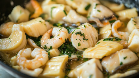This vibrant seafood medley features shrimp, scallops, and tender pasta in a savory herb broth, perfect for inspiring delicious meals and culinary creations.の素材