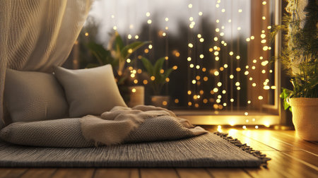 Experience the serene beauty of a cozy indoor space featuring soft cushions, lush plants, and gentle lighting, perfect for relaxation and unwinding at home.の素材