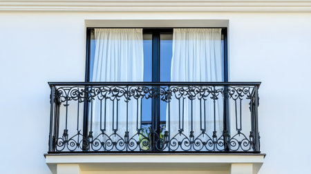 This image showcases an elegant balcony featuring a detailed wrought iron railing and sheer curtains, embodying a modern aesthetic that enhances any residential space.の素材