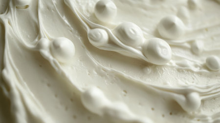 Explore this close-up view of smooth whipped cream, showcasing its glossy surface and delicate droplets, ideal for culinary, baking, and dessert inspirations.の素材