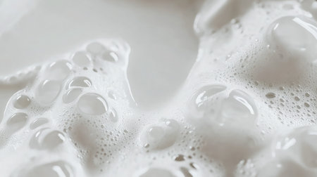 A detailed close-up image capturing a creamy white foam with bubbles, showcasing a smooth and textured surface that reflects soft light in a minimalist style.の素材