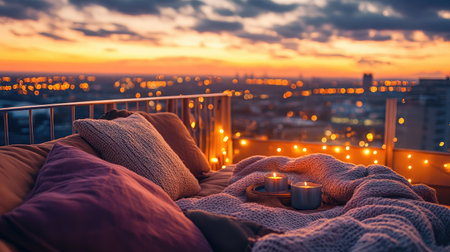 Experience the warmth of a cozy rooftop retreat adorned with blankets and candles, creating a serene atmosphere against a breathtaking sunset over a bustling city.の素材