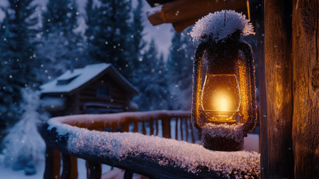 A beautiful winter scene featuring a glowing lantern by a cabin, surrounded by snow-covered trees and gentle snowfall, creating a warm and inviting atmosphere.の素材