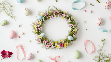 A beautifully crafted spring wreath adorned with colorful flowers and decorative Easter eggs, perfect for celebrating seasonal beauty and joy in spring festivities.の素材