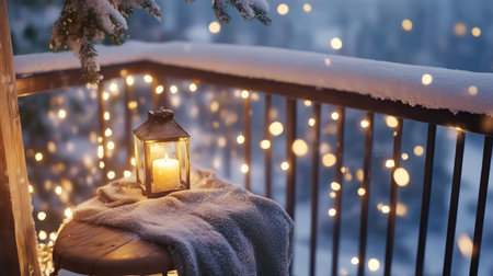 A tranquil winter evening scene featuring a lantern with a candle, soft blankets, and twinkling lights on a snowy balcony, creating a cozy atmosphere against a serene snowy backdrop.の素材