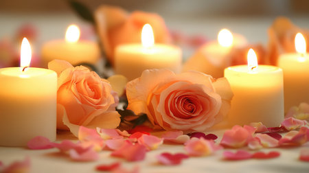 A serene arrangement of glowing candles surrounded by soft rose blooms and colorful petals, perfect for creating a tranquil atmosphere for romantic or intimate occasions.の素材