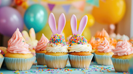 Delightful assortment of colorful cupcakes decorated with bunny ears and sprinkles, perfect for festive celebrations, parties, and springtime events.の素材