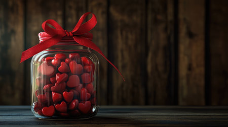 This charming image features a glass jar filled with vibrant red heart-shaped candies, beautifully tied with a red ribbon, capturing the essence of love and celebration.の素材