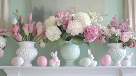 A charming display of pastel flowers and decorative bunnies on a mantel, perfect for spring and Easter celebrations, enhancing any cozy room ambiance.の素材