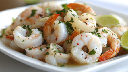 A vibrant plate of freshly cooked shrimp garnished with herbs and spices, served with lime for a zesty and flavorful seafood dish, ideal for any occasion.の素材