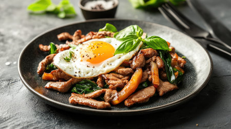 Succulent pan-seared steak strips complemented by fresh basil and vibrant bell peppers, topped with a perfectly fried egg for a delicious meal. Perfect for any gourmet setting.の素材