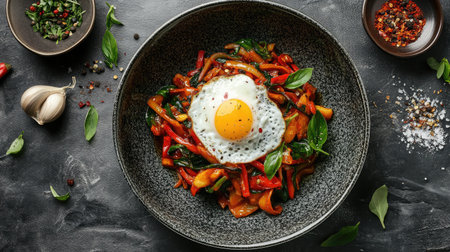 A tantalizing plate of stir-fried vegetables topped with a perfectly fried egg, showcasing vibrant colors and fresh herbs, ideal for healthy meal inspiration.の素材