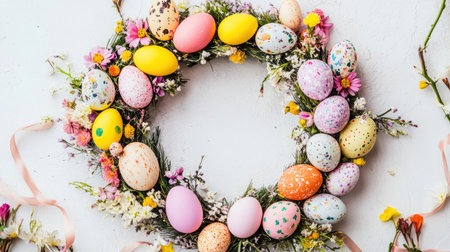 A vibrant circular wreath made of colorful Easter eggs and delicate spring flowers, perfect for festive decorations and seasonal celebrations, laying on a white background.の素材