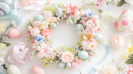 A stunning spring wreath featuring pastel flowers and decorative eggs, ideal for enhancing Easter celebrations and bringing a cheerful touch to any decor.の素材